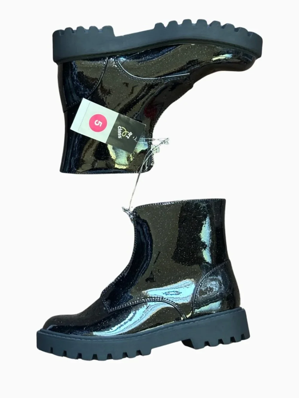 Girls Black Patent Combat Boots Lug Sole Size 5 Big Kids Art Class Myra New